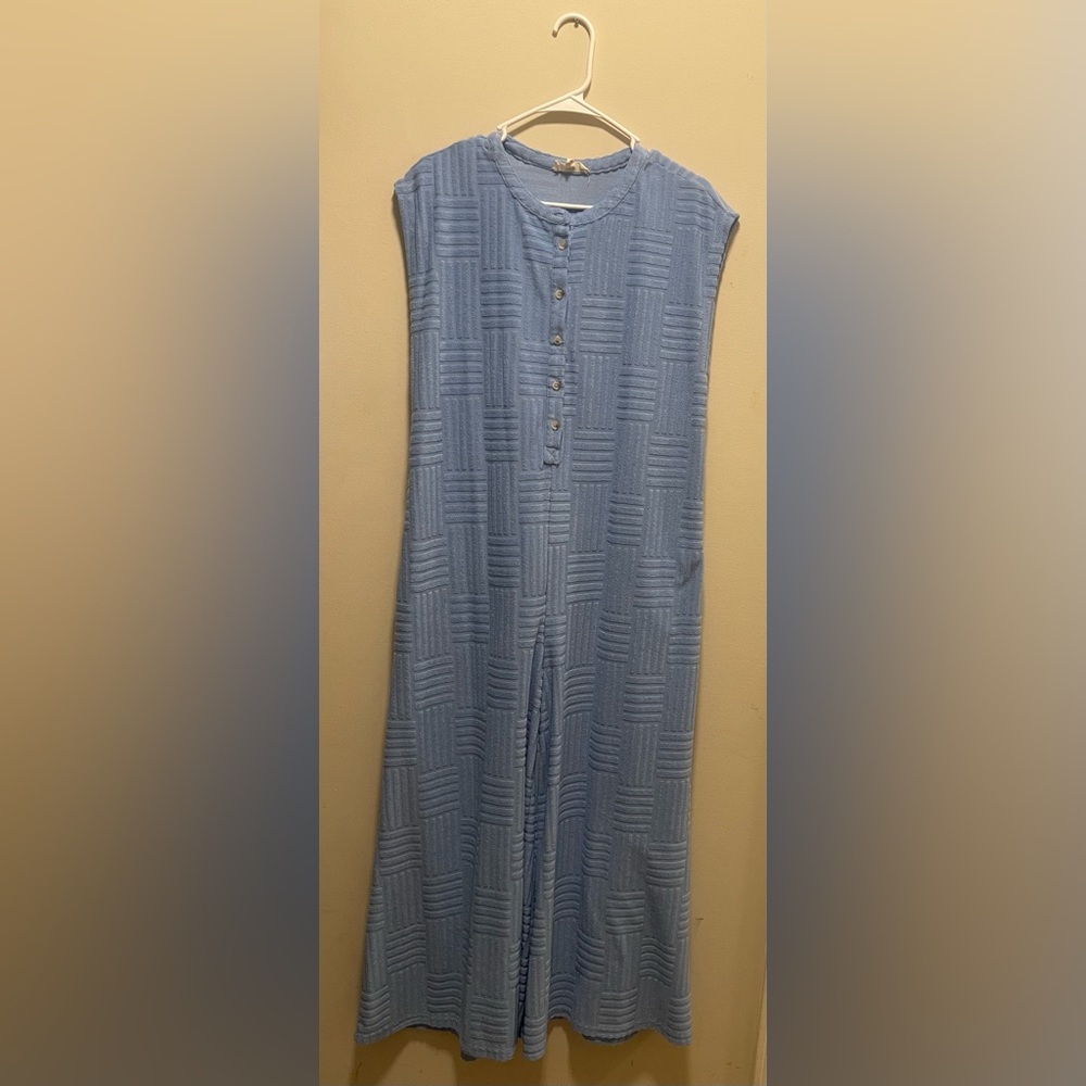 Sky Blue Terry Textured Sleeveless Button Front Wide Leg Jumpsuit